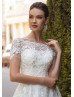 Short Sleeves Beaded White Lace Tulle Wedding Dress